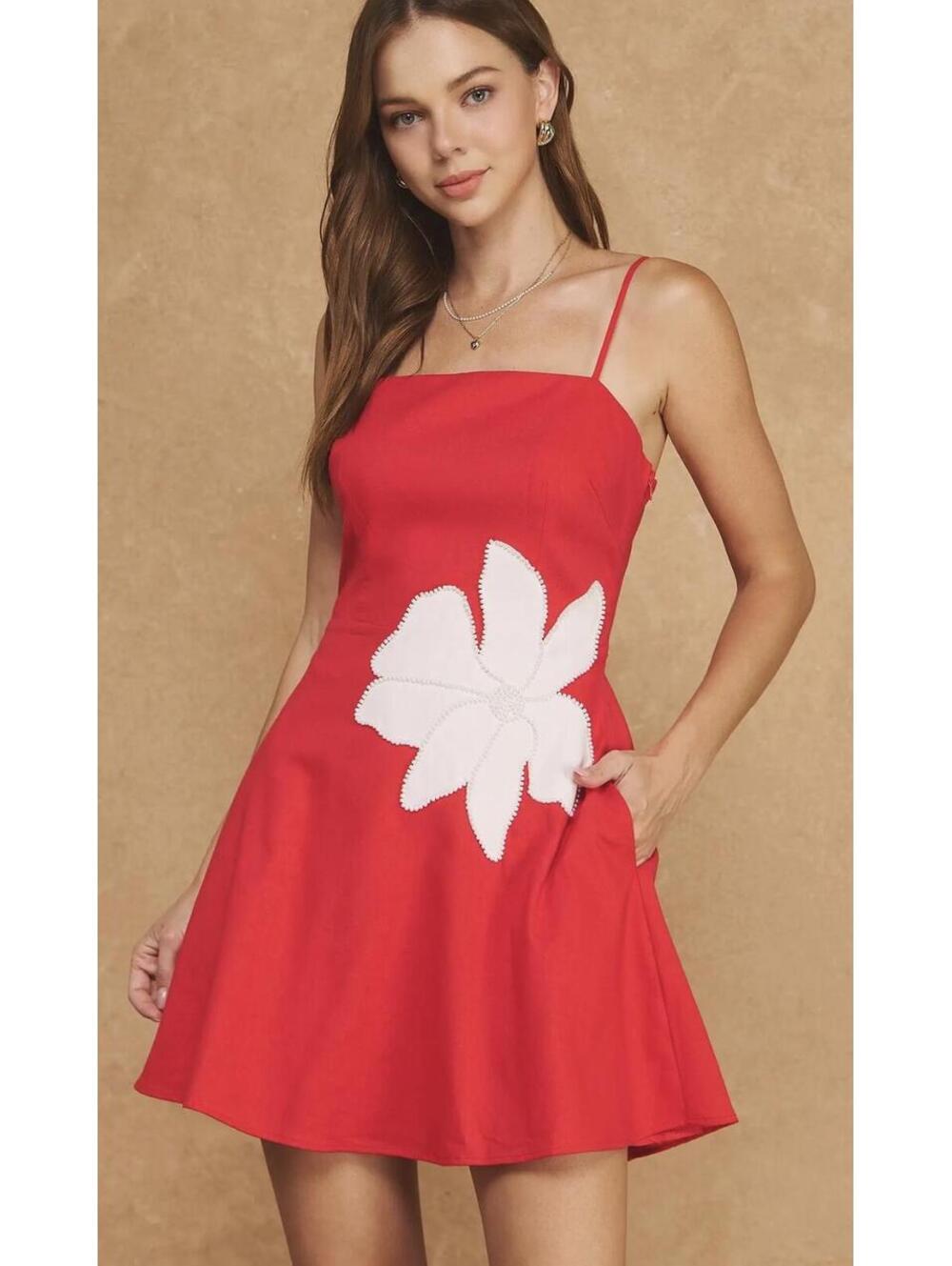 Strut and bolt  Red Floral Appliqué , pockets!,  Midi Dress.